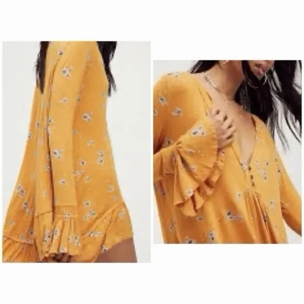 Free People Olivia Printed Tunic Dress Marigold Size Large Boho Babydoll - Picture 2 of 9